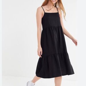Urban Renewal Tiered Midi Dress Small Black 100% Linen Boho Peasant Minimalist